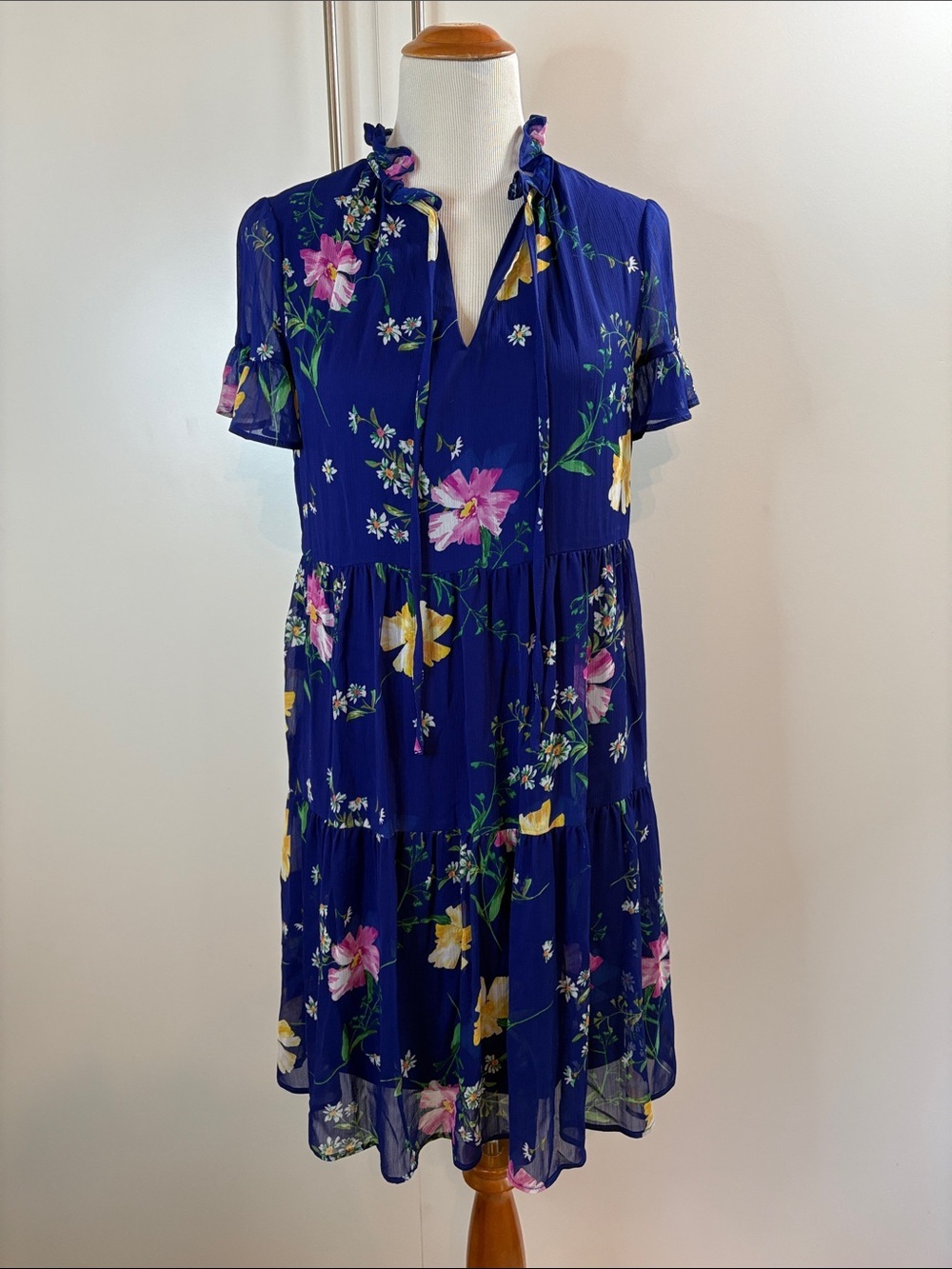 DKNY Royal Blue Floral Tie-Neck Midi Dress 6